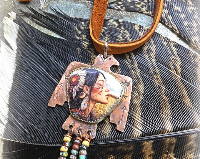 Made to Order Woman Thunderbird pendant with beaded fringe on elk leather, easy over the head styling by Weathered Soul jewelry