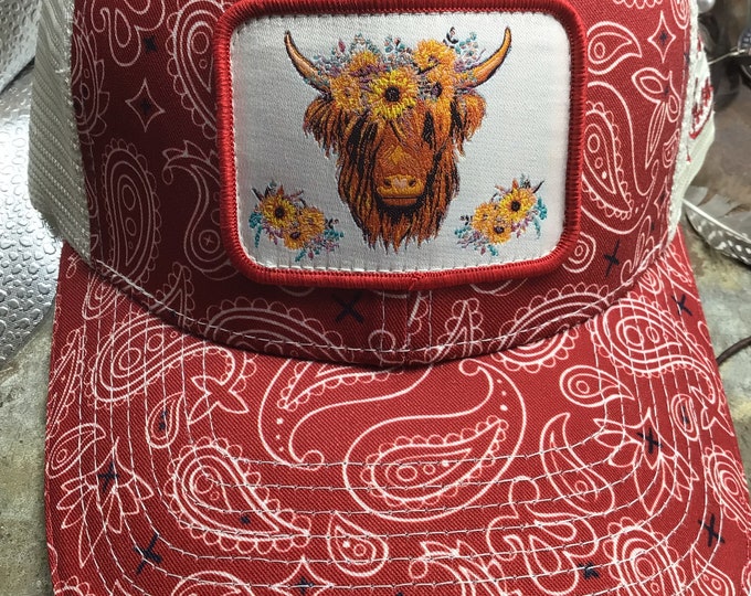 Sweet embroidery patch hi lander cow on bandana print ball cap by Weathered Soul cute adjustable back mesh