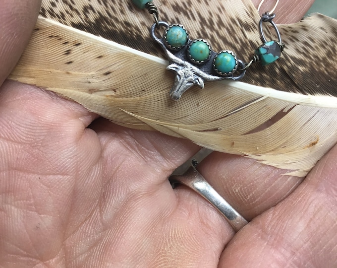 Sweet itty bitty steer head with turquoise and sterling chain oxidized,western jewelry, cowgirl jewelry by Weathered Soul