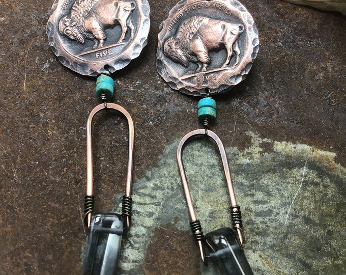 Buffalo long drop earrings by Weathered Soul, rustic distressed copper with sterling ear wires, western style, bohowestern