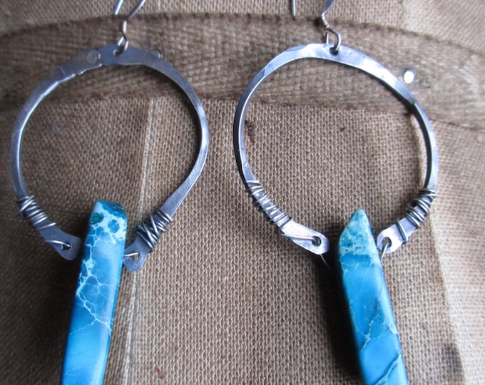 Made to order Hand Hammered Silver Hoop Earrings with Magnesite drop by Weathered Soul, urban chic, rustic with dagger drop stone, USA made