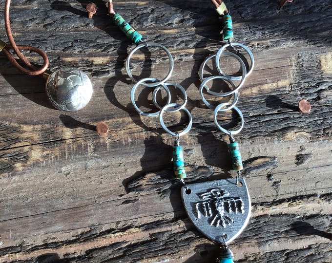 Primitive Thunderbird necklace with turquoise and leather with vintage nickel buffalo nickel closure, cowgirl jewelry, southwest style