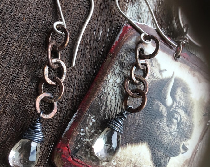Featured listing image: Stunning topaz on rustic copper oxidized link chain with sterling ear wires by Weathered Soul, beautiful simplicity Fall or anytime jewelry