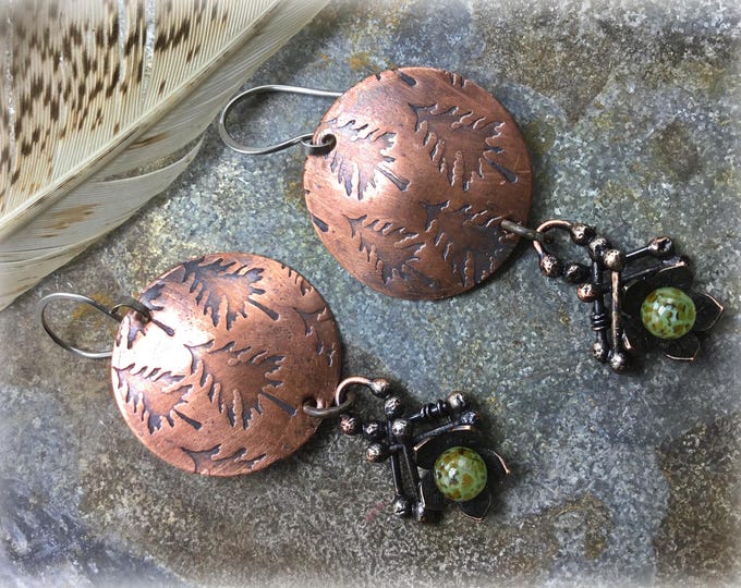 Forest grove tree embossed earrings with abstract soldered flower charms dangling from the bottom with sterling ear wires by Weathered Soul