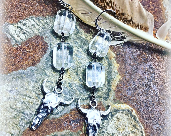 Like a rhinestone cowgirl earrings by Weathered Soul jewelry, cowgirl up with these fun bling quartz and sterling steer skull earrings