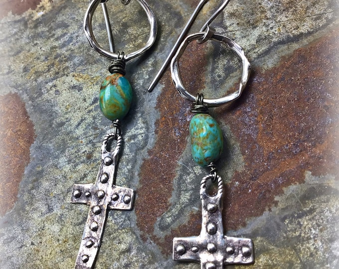 Rustic rugged cross earrings with genuine turquoise and hoops in sterling silver