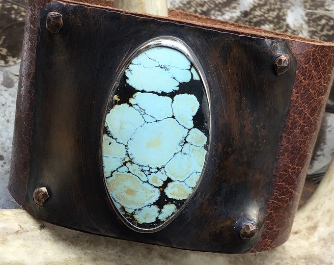 Big bold turquoise oval cuff bracelet on distressed leather, wide cuff, bold statement jewelry