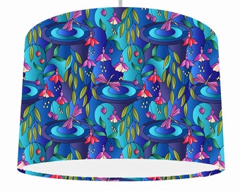 Dragonfly Lampshade Blue Floral Decor, Bold Floral Print Lamp Shade Ceiling, Modern Lampshades, Floral Bedroom Decor, Bold Light Shade Blue