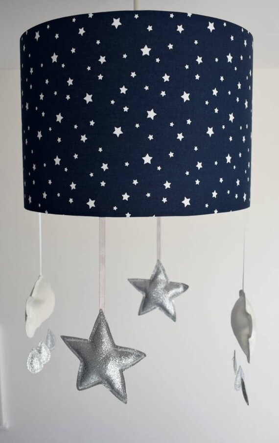 Navy Star Lampshade Ceiling Star And Cloud Mobile Nursery White Cloud Mobile Star Theme Nursery Light Shade Cloud And Star Nursery Decor