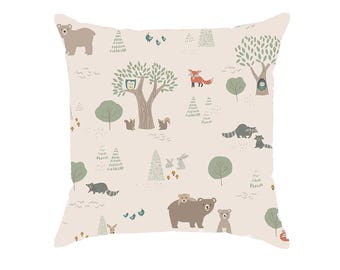 Funda de cojín con lindos animales del bosque, almohada cuadrada, temática de bosque para guardería, decoración de dormitorio infantil, accesorios neutros para habitación de bebé, beige o verde.