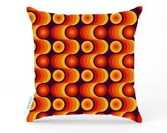 Funda de cojín con estampado geométrico retro de los años 70, cuadrada, naranja, amarilla y marrón, de pana, ideal como regalo de 50 cumpleaños.