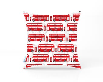 Funda de cojín cuadrada de autobús londinense, transporte de dos pisos, decoración infantil, autobús rojo grande, dormitorio con temática de transporte, opción de personalización