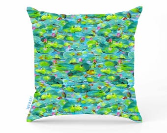 Waterlilies Square Cushion Cover, Cotton Throw Pillow, Artistic Style Home Decor, Floral Themed Armchair Cushions, Blue Green, Water Scene