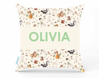 Funda de cojín personalizada color crema con estampado de bosque, almohada cuadrada, decoración para dormitorio infantil, habitación infantil con temática de animales del bosque, accesorios para sala de juegos infantiles