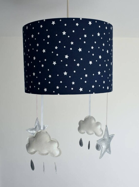 Navy Star Lampshade Ceiling Star And Cloud Mobile Nursery White Cloud Mobile Star Theme Nursery Light Shade Cloud And Star Nursery Decor