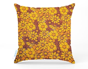 Funda de cojín retro de los años 70 con estampado floral, estilo vintage, pana naranja, amarilla y marrón, cojín cuadrado decorativo, regalo de 50 cumpleaños.