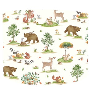 May include: A watercolour illustration of a woodland scene with various animals, including bears, deer, squirrels, and birds. The background features trees, leaves, and mushrooms.