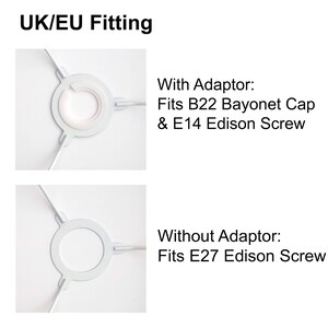May include: Two white lamp socket adapters. The top adapter is labeled "With Adaptor: Fits B22 Bayonet Cap & E14 Edison Screw". The bottom adapter is labeled "Without Adaptor: Fits E27 Edison Screw".