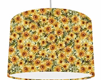 Pantalla de tambor con girasol, pantalla floral, decoración del hogar con flores amarillas, lámpara de mesita de noche, iluminación de sala de estar, dormitorio con temática natural