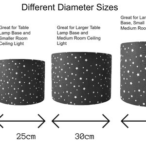 May include: Four different sizes of lampshades with a white star pattern on a dark gray background. The diameters are 20cm, 25cm, 30cm, and 35cm.