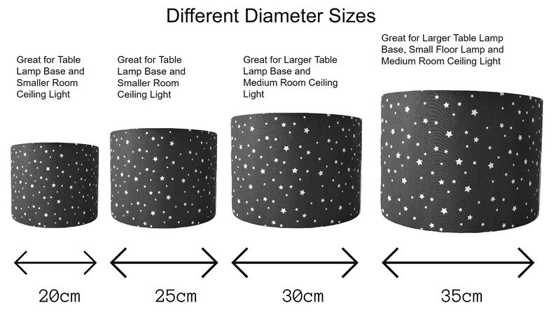 May include: Four different sizes of lampshades with a white star pattern on a dark gray background. The diameters are 20cm, 25cm, 30cm, and 35cm.