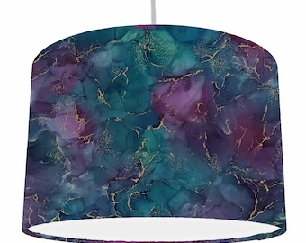 Pantalla de lámpara azul, morada y dorada, decoración artística, elegante y moderna, estilo hogareño con un patrón único de geoda y joyas, pantalla de lámpara tipo tambor.