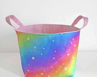 Pastel Rainbow Galaxy Nursery Storage Basket, Children Toy Bin with Handles, Fabric Nappy Caddy, Girls Room Organiser, 3 Sizes available