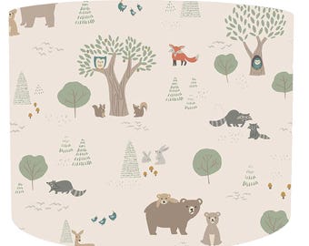 Pantalla de lámpara con animales del bosque en color crema, habitación infantil con temática de bosque, decoración para habitación de bebé, diseño de momia y oso, adorables criaturas del bosque, lámpara de techo
