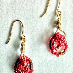 Gold plated earrings, Red glass bead earrings, Brown glass bead earrings, Glass seed bead earrings, Jewelry, earrings, Gold plated jewelry.