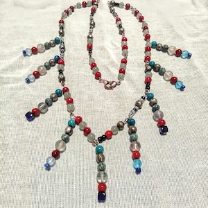 Semi Precious Stone and Glass Statement Necklace. Metal beaded jewelry. Statement necklace. Semi precious stone jewelry. Colorful necklace.