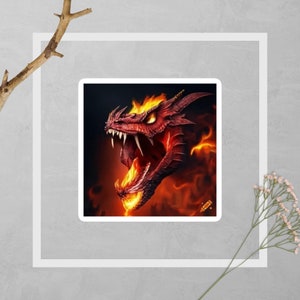 Puede incluir: Un dragón rojo ardiente con ojos brillantes y una boca abierta de par en par, exhalando llamas. El dragón está sobre un fondo oscuro con llamas naranjas y rojas.