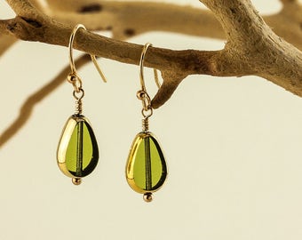 Olive Green 24K Gold Coated Vintage Glass Dangle Earrings on 14K Gold Fill French Wires – Wire Wrapped – Handmade Artisan Jewelry