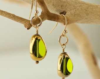 24K Gold Coated Vintage Chartreuse Glass "Beginnings" Dangle Earrings  – 14K Gold Fill – Art Deco Jewelry – Retro – Artisan Handmade