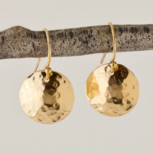 Artisan Hammered Gold Disc Earrings, Luxe, Minimal Aesthetic, Precious Metal Options Solid 14k Or 18K, Gift Boxed image 1