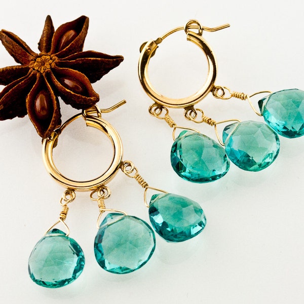 Emerald Green Gemstone Gold Hoop Earrings – 14k Gold Filled Small Hoop "Happening" Earrings – Faceted Emerald Green Fluorite – Luxe Boho