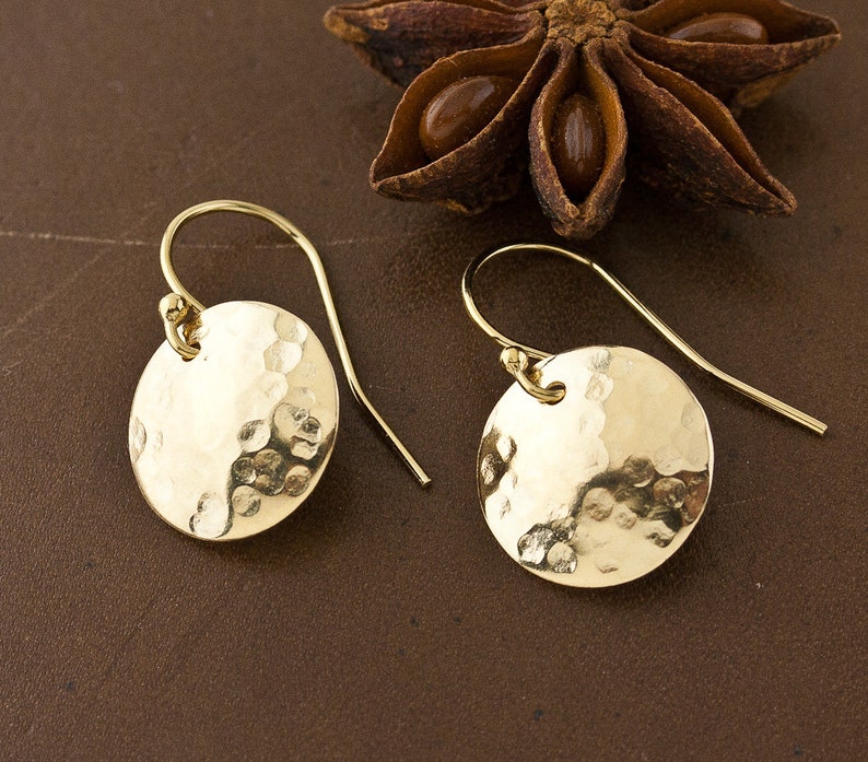 Artisan Hammered Gold Disc Earrings, Luxe, Minimal Aesthetic, Precious Metal Options Solid 14k Or 18K, Gift Boxed 14K Gold (1/2")