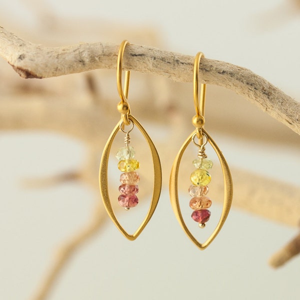 Gold Dangle Earrings with Faceted Ombré Sapphire or Green Garnet Gemstones, Handmade Wire Wrapped Artisan Jewelry