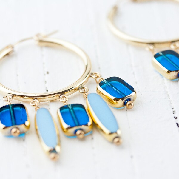 14K Gold Fill Boho Hoop Earrings Wire Wrapped with Blue & Turquoise Vintage Glass Dangles , Artisan Handmade