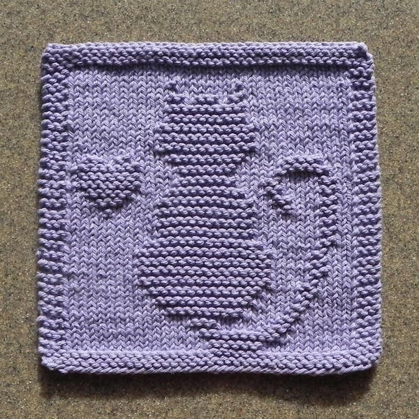 CAT Knit Dishcloth or Face Cloth in Pretty Lavender, 100% Cotton, Cat Lover Gift, Shower Hostess Gift, Purple Wash Cloth, Hand Knitted Heart