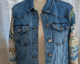 Upcycled denim jacket with crochet sleeves