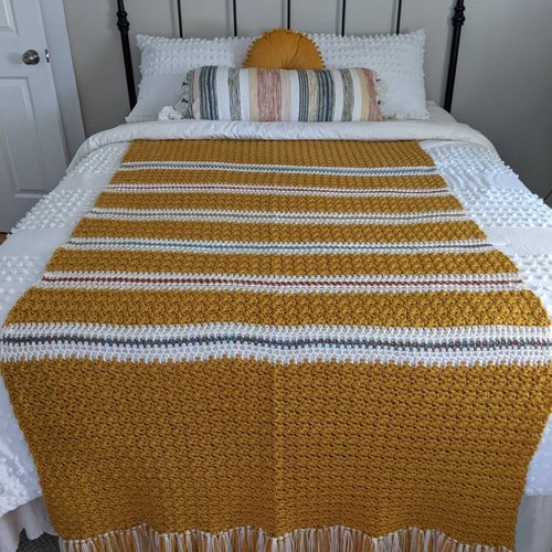Boho mustard gold stripe crocheted throw shops afghan blanket