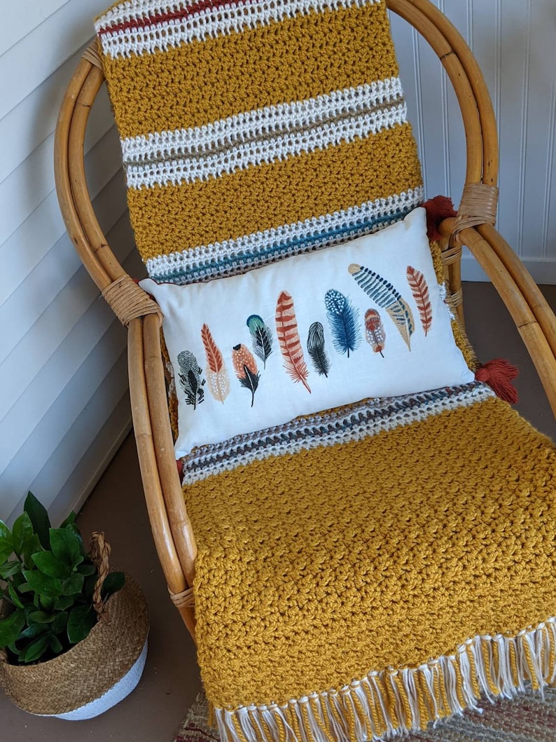 Boho mustard gold stripe crocheted throw shops afghan blanket