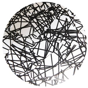 May include: Black and white abstract design with a circular pattern of overlapping lines.