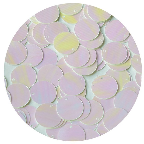 Round  Flat Sequin 15mm Top Hole White Pink Rainbow Iris Fluorescent Shiny Opaque Back Reversible. Couture paillettes. Made in USA