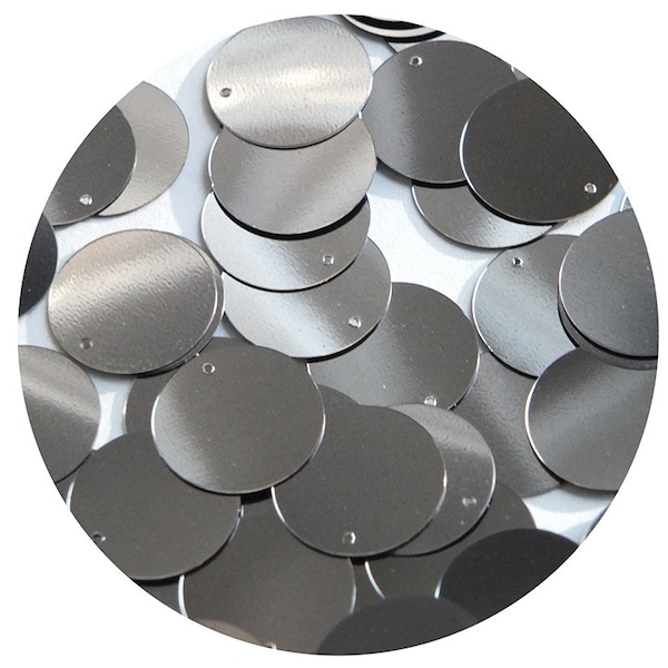 Round  Flat Sequin 18mm Top Hole Hematite Shiny Gray Metallic. Couture paillettes. Made in USA