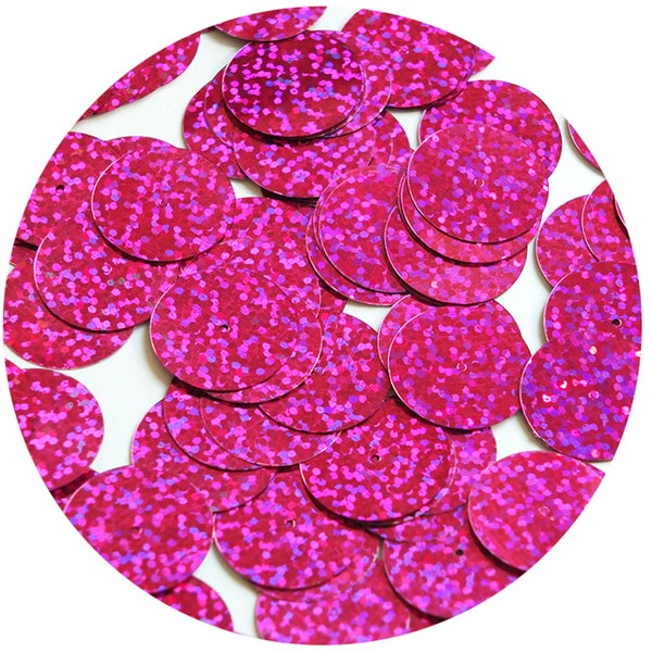 Round Flat Sequin 20mm Center Hole Fuchsia Pink Hologram Glitter Sparkle. Paillettes couture. Fabriqué aux États-Unis