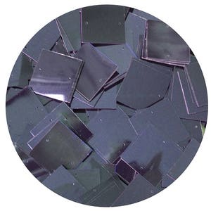 May include: A pile of iridescent purple square sequins. The sequins are scattered randomly and have a slight sheen.