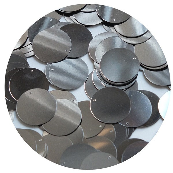 Round  Flat Sequin 20mm Top Hole Hematite Shiny Gray Metallic. Couture paillettes. Made in USA