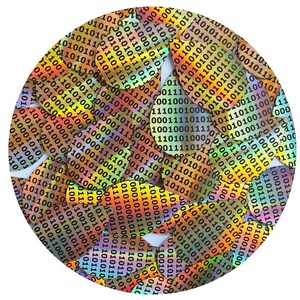 Puede incluir: Primer plano de una disposición circular de lentejuelas holográficas iridiscentes con código binario negro impreso en ellas. Las lentejuelas son en tonos de amarillo, naranja, rojo, azul, verde y morado.