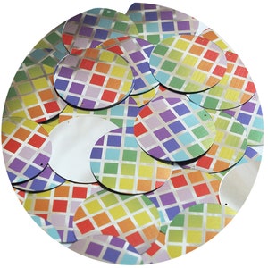 Round  Flat Sequin 1.5&quot; Rainbow Squares on Silver Metallic. Couture paillettes.